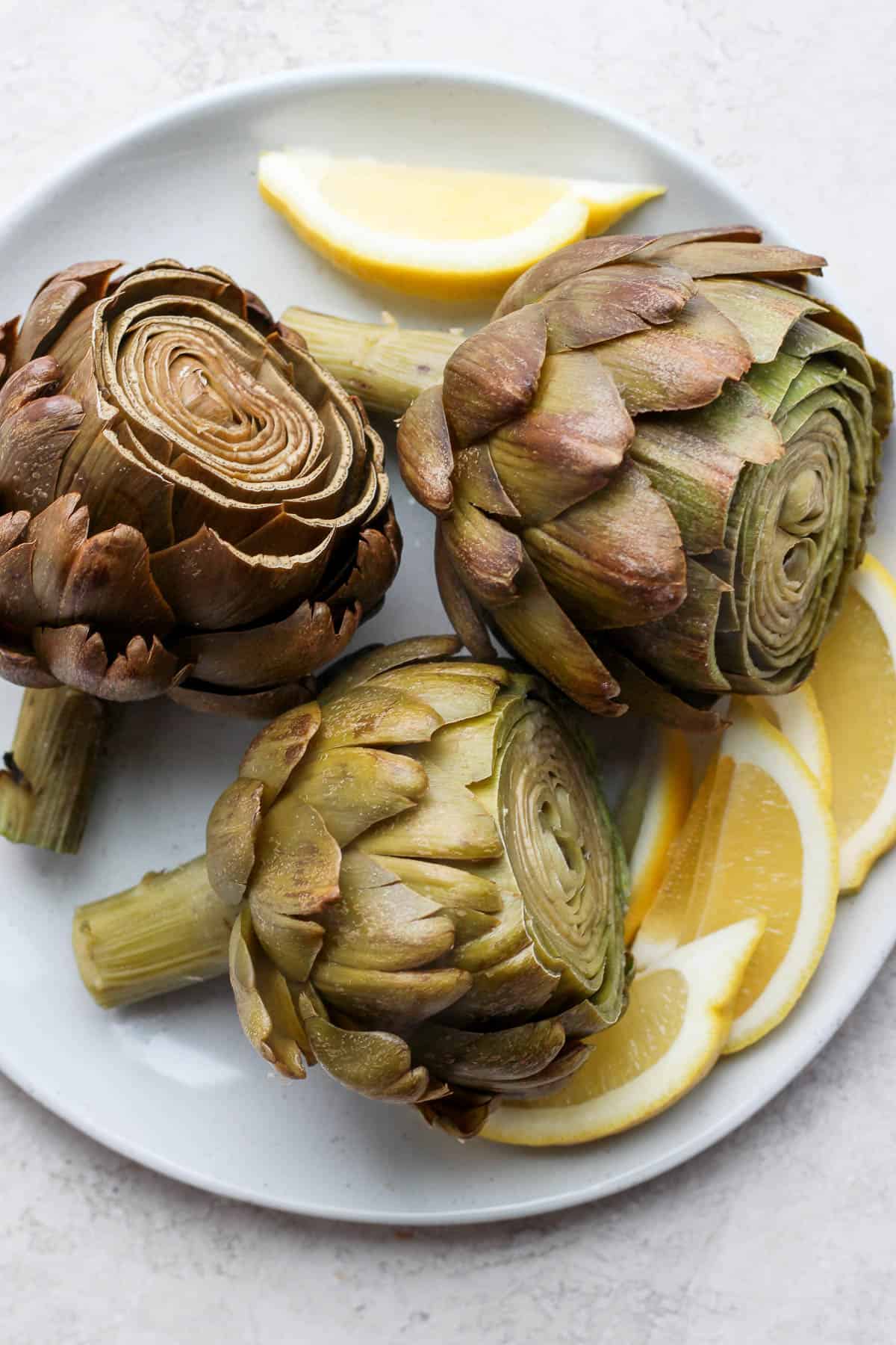 Final plated boiled artichokes