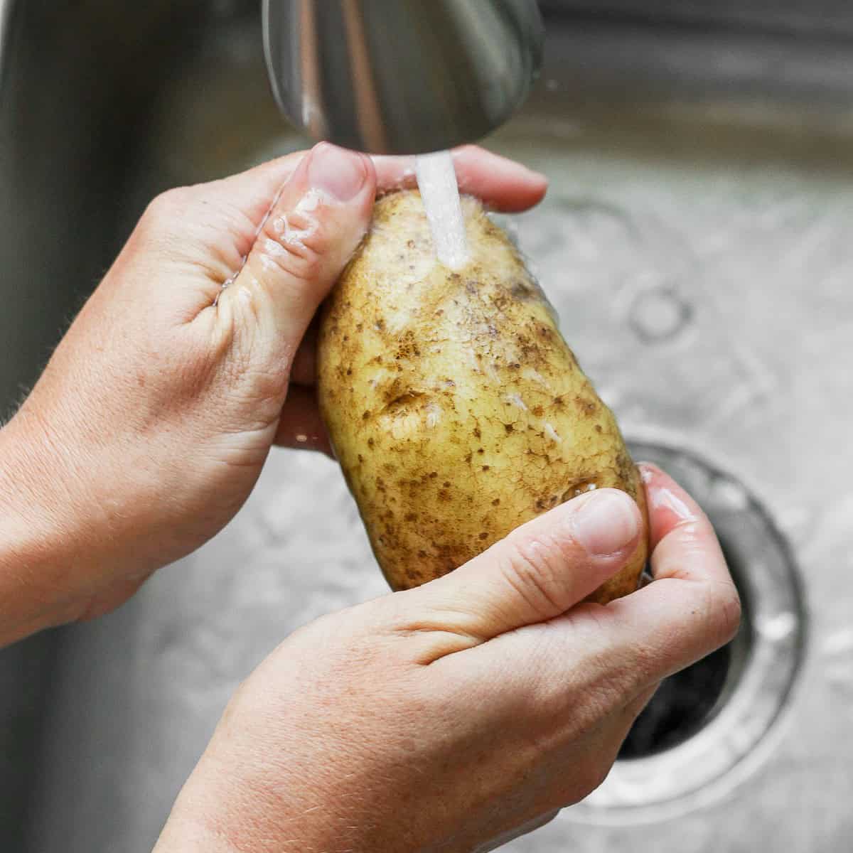 Scrubbing a potato under running water.