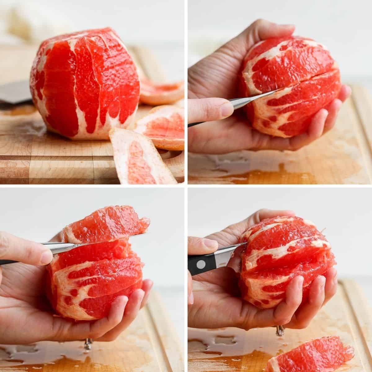 4 image collage to show how to slice grapefruit into segments