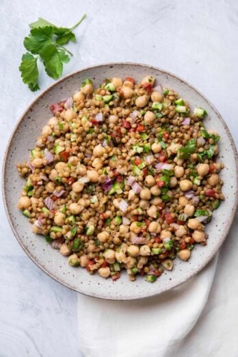 Large bowl of lentil salad made with chickpeas
