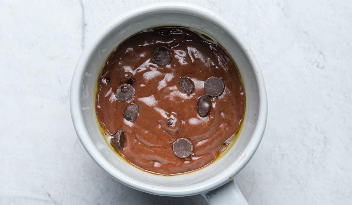 Chocolate cake in a mug before microwaving