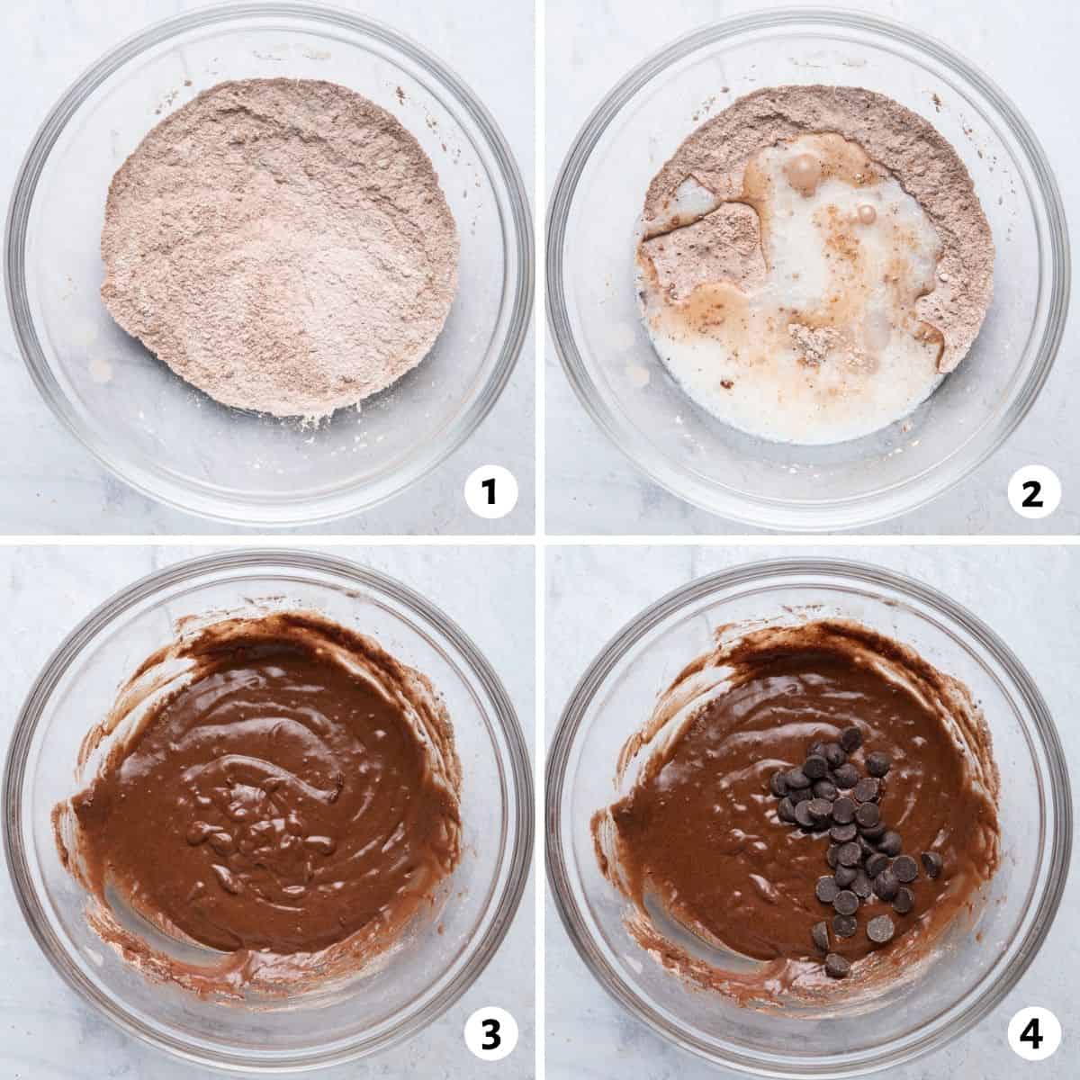 4 image collage to show how to mix the dry and then the wet ingredients in one bowl