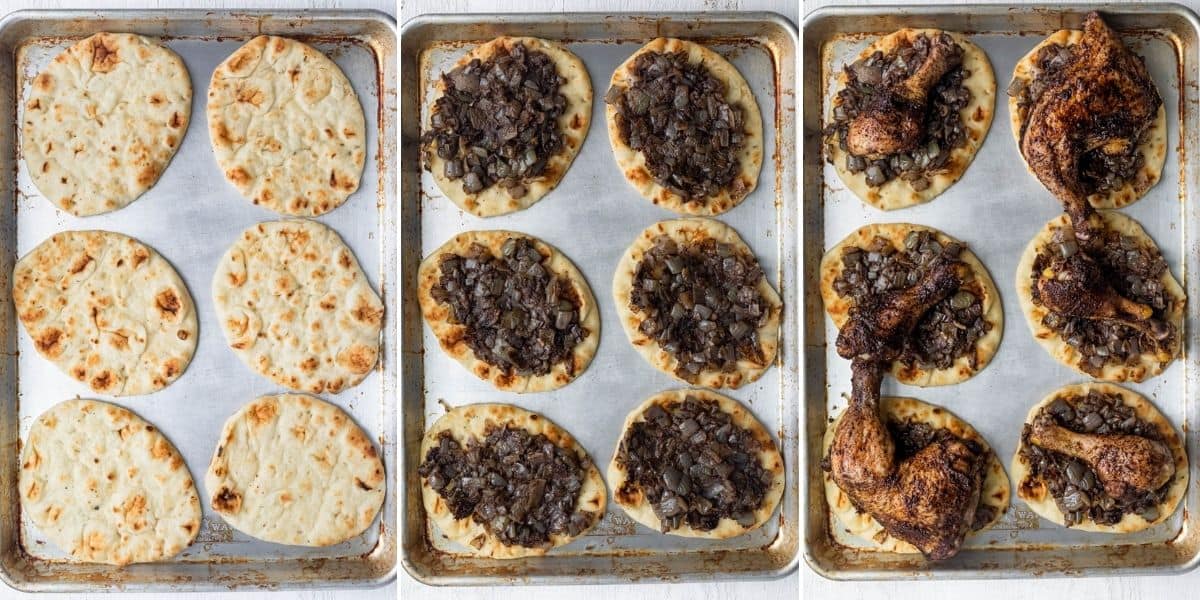 3 image collage of assembling the musakhan with bread, then onions, then chicken