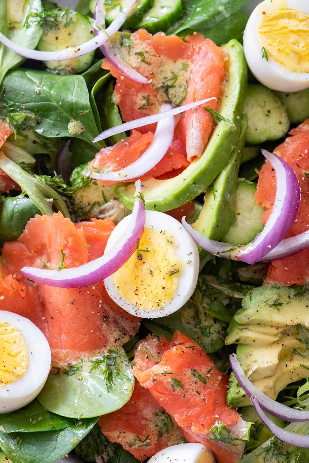 Close up shot of smoked salmon salad