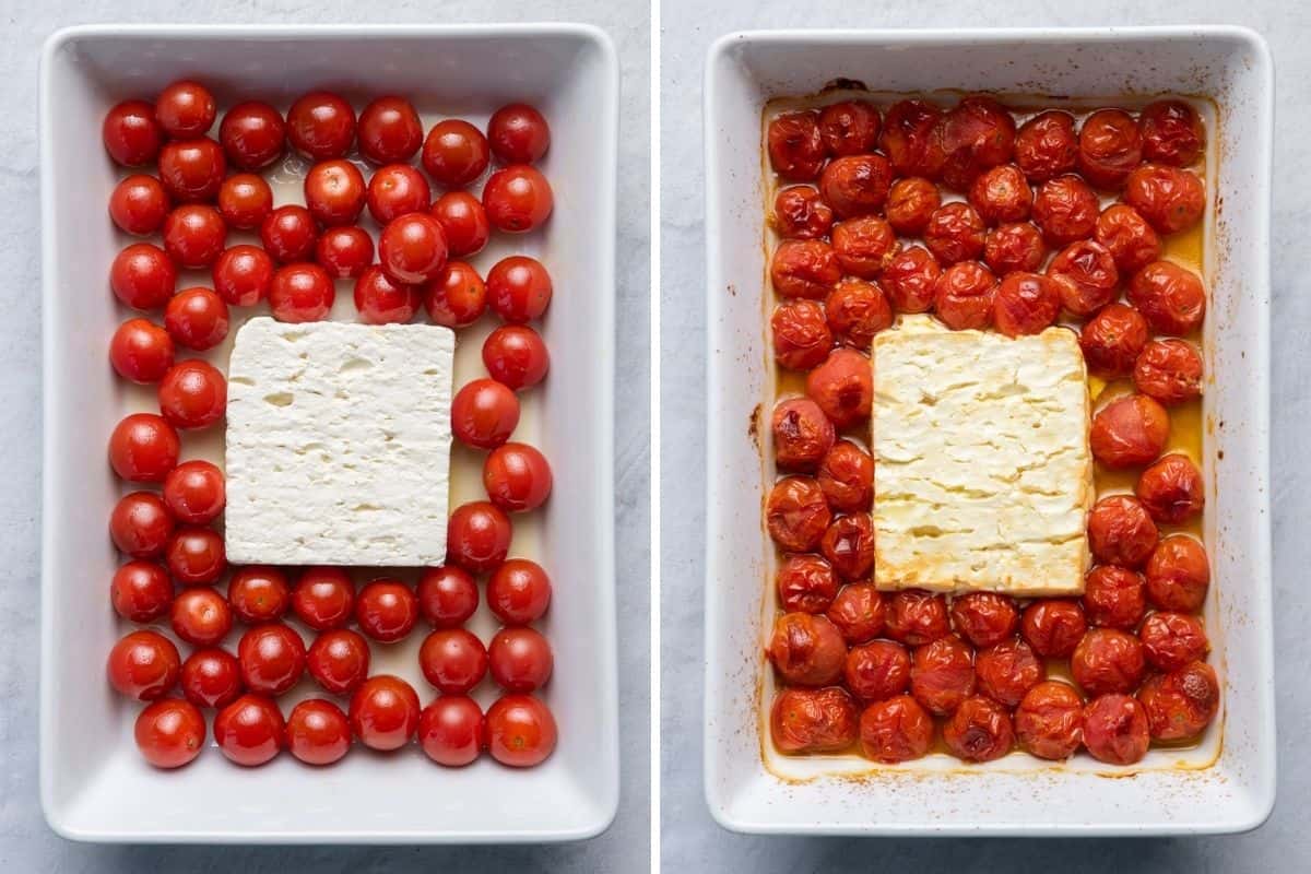 2 image collage of feta cheese and cherry tomatoes before and after baking