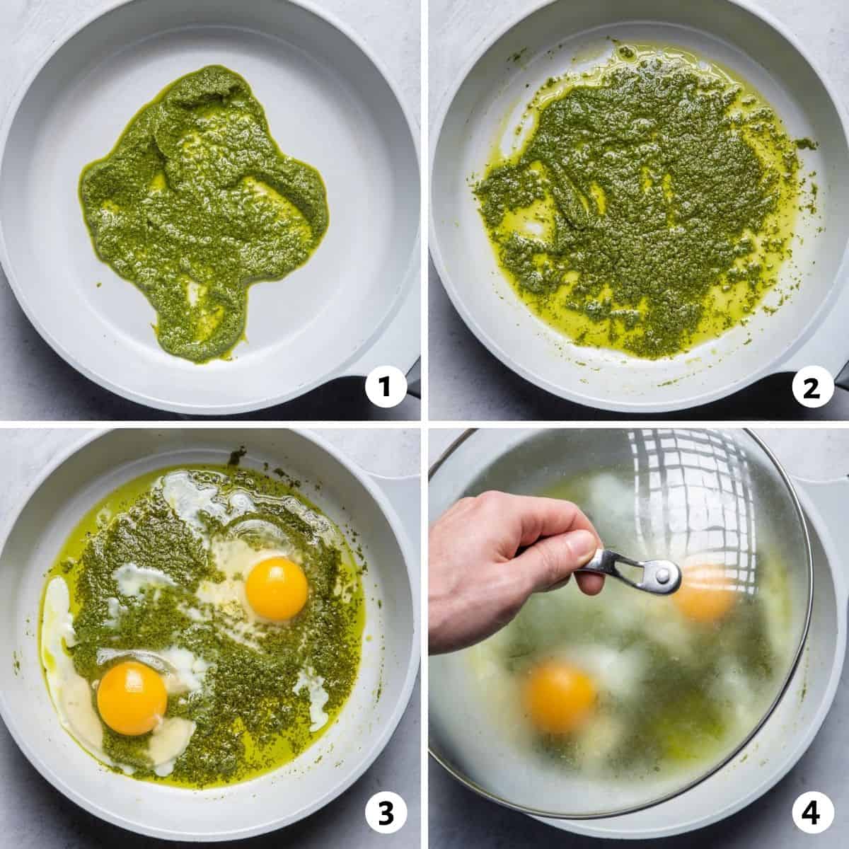 4 image collage to show how to prepare the recipe in a skillet