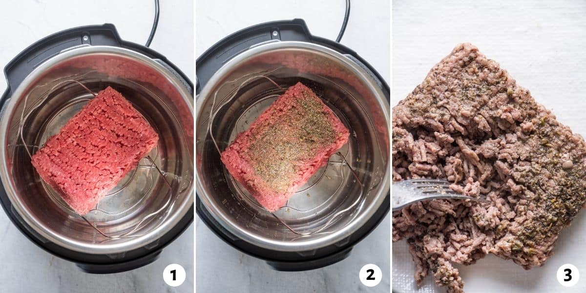 3 image to collage to show the ground beef in the instant pot, then with seasoning and then breaking apart with fork