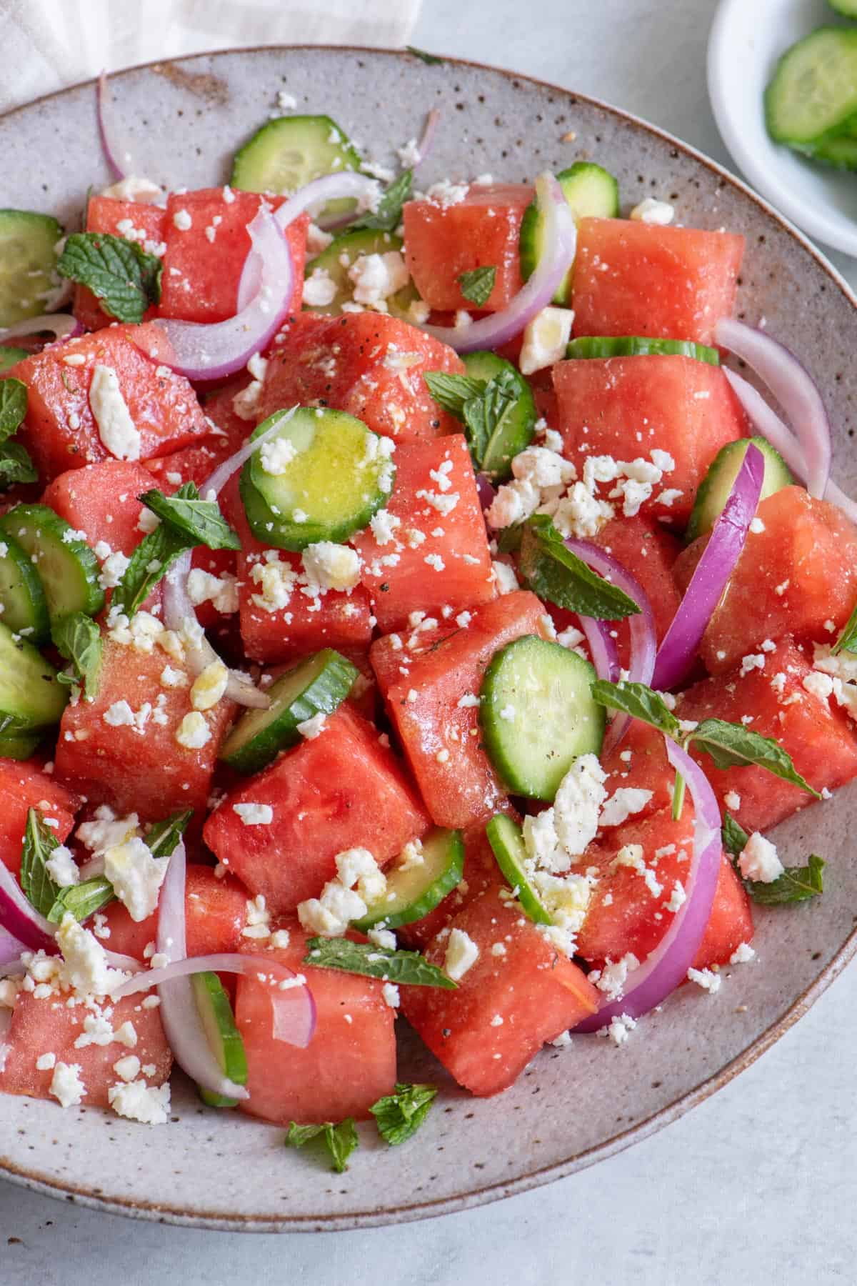 Close up shot of the watermelon cucumber salad