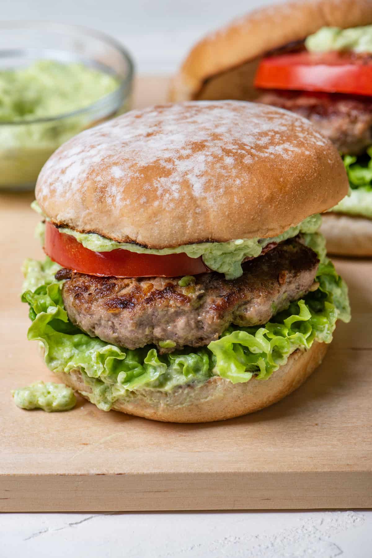 Close up shot of an avocado burger