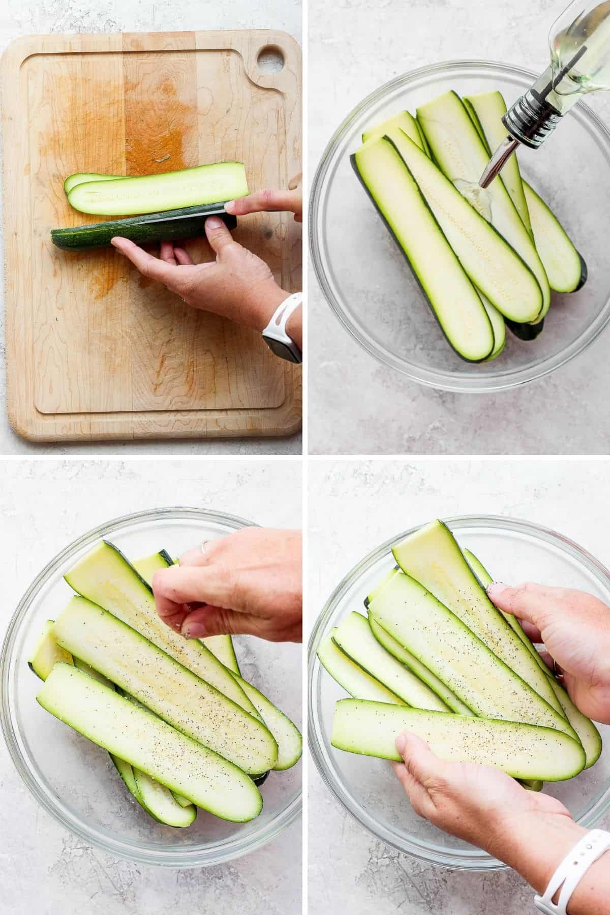 4 image collage to show how to cut the zucchini, add oil to it, season it and toss it to prepare