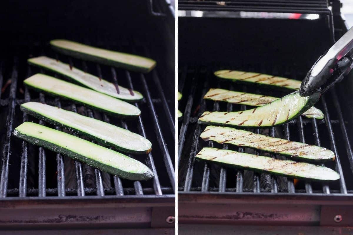 2 image collage to show how to grill zucchini on an outdoor grill