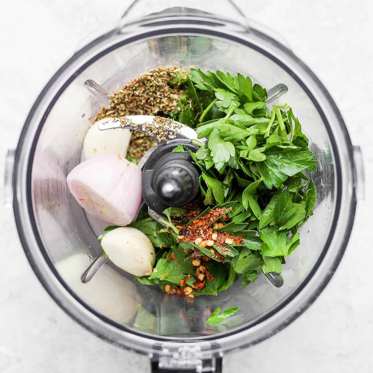 All ingredients except olive oil in food processor.
