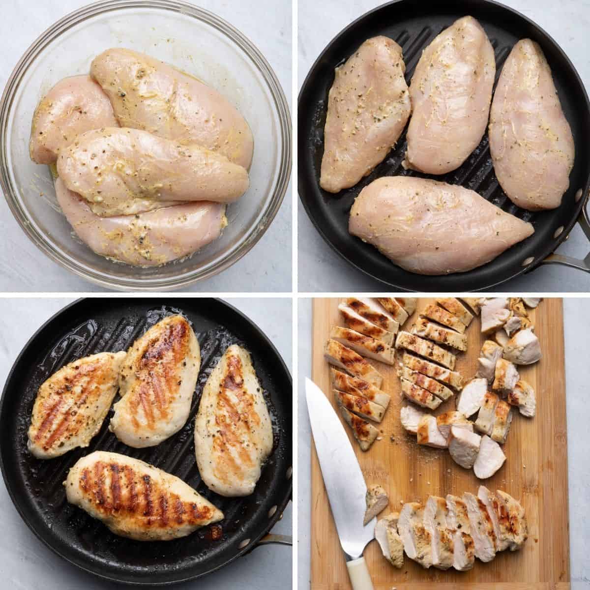 4 image collage to show how to marinade, cook and slice chicken for the meal prep