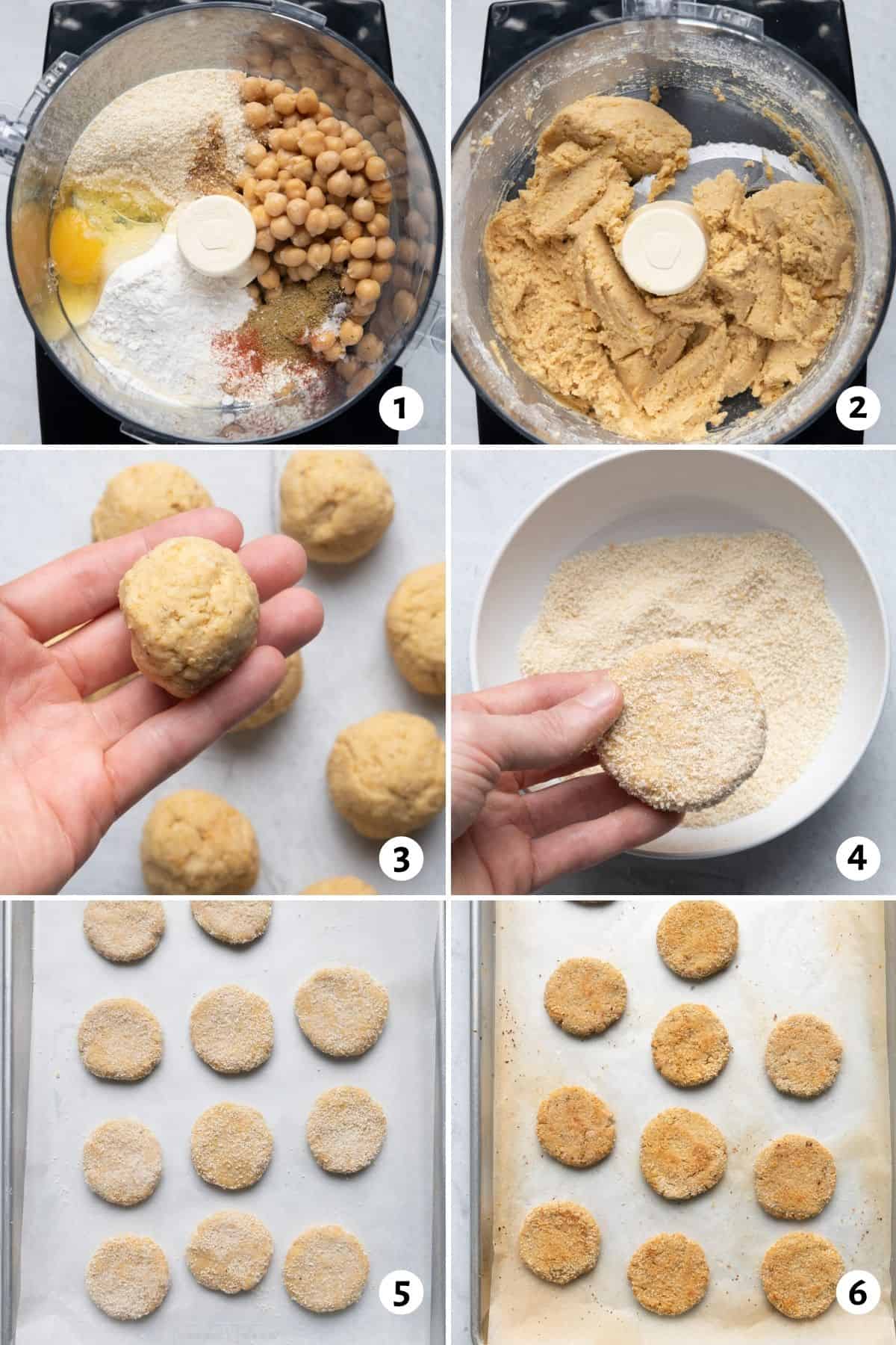 6 image collage to show the chickpea bite ingredients in the food processor, then rolling them, then baking them