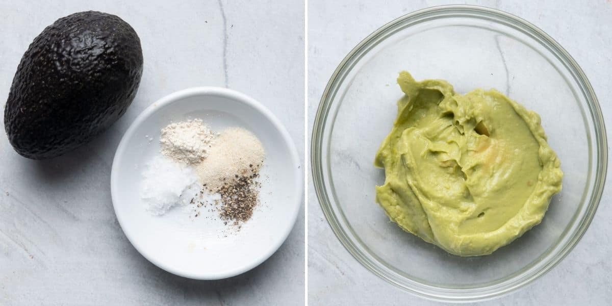 2 image collage to show the ingredients for the avocado dip and then the final avocado dip