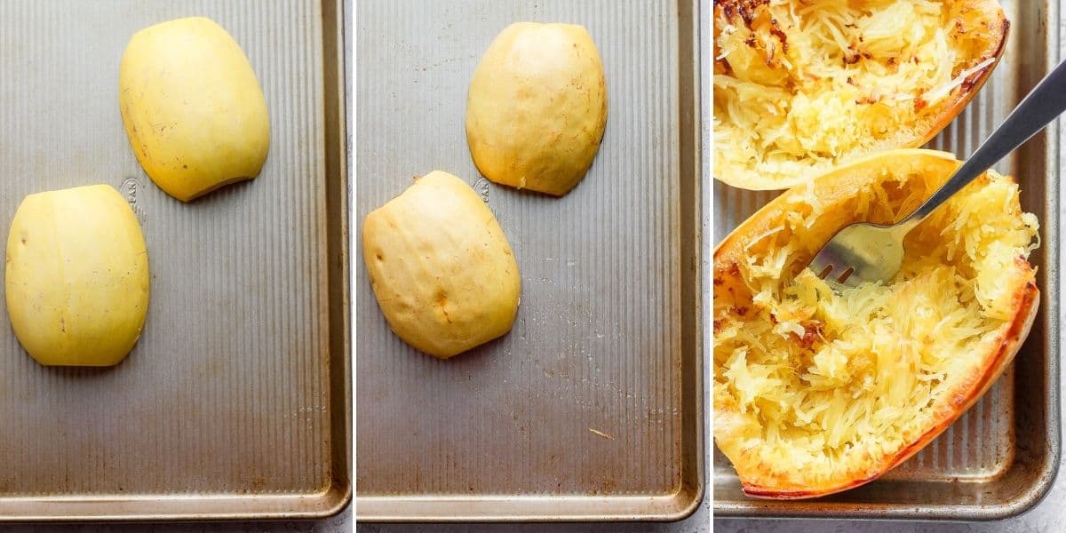 3 image collage to show the oven instructions for squash boats