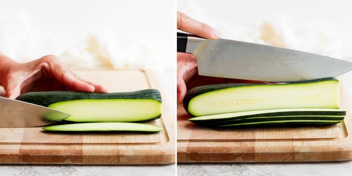 2 image collage to show how to cut zucchini into planks