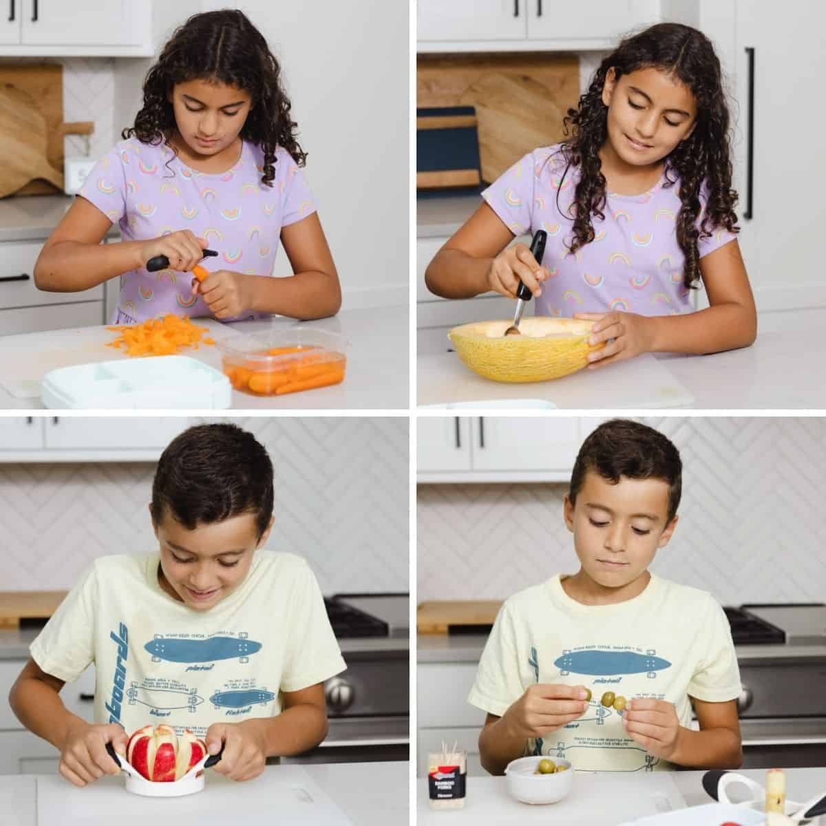 Collage of kids preparing ingredients to use to make their lunchboxes