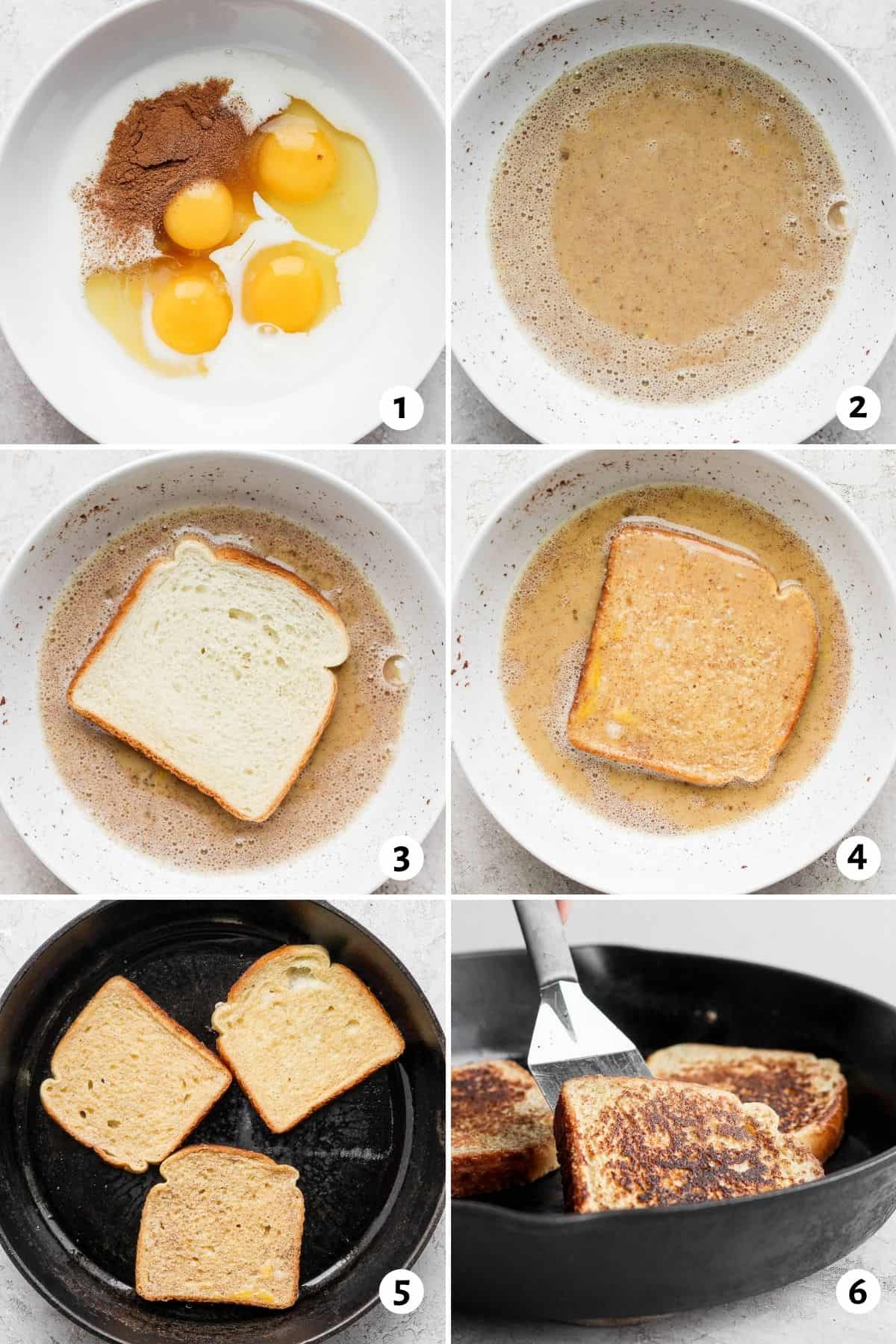 6 image collage to show how to make french toast
