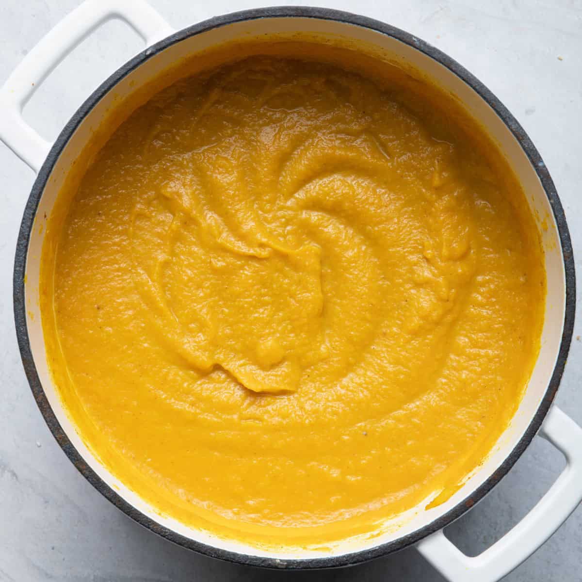 Blended soup in pot.
