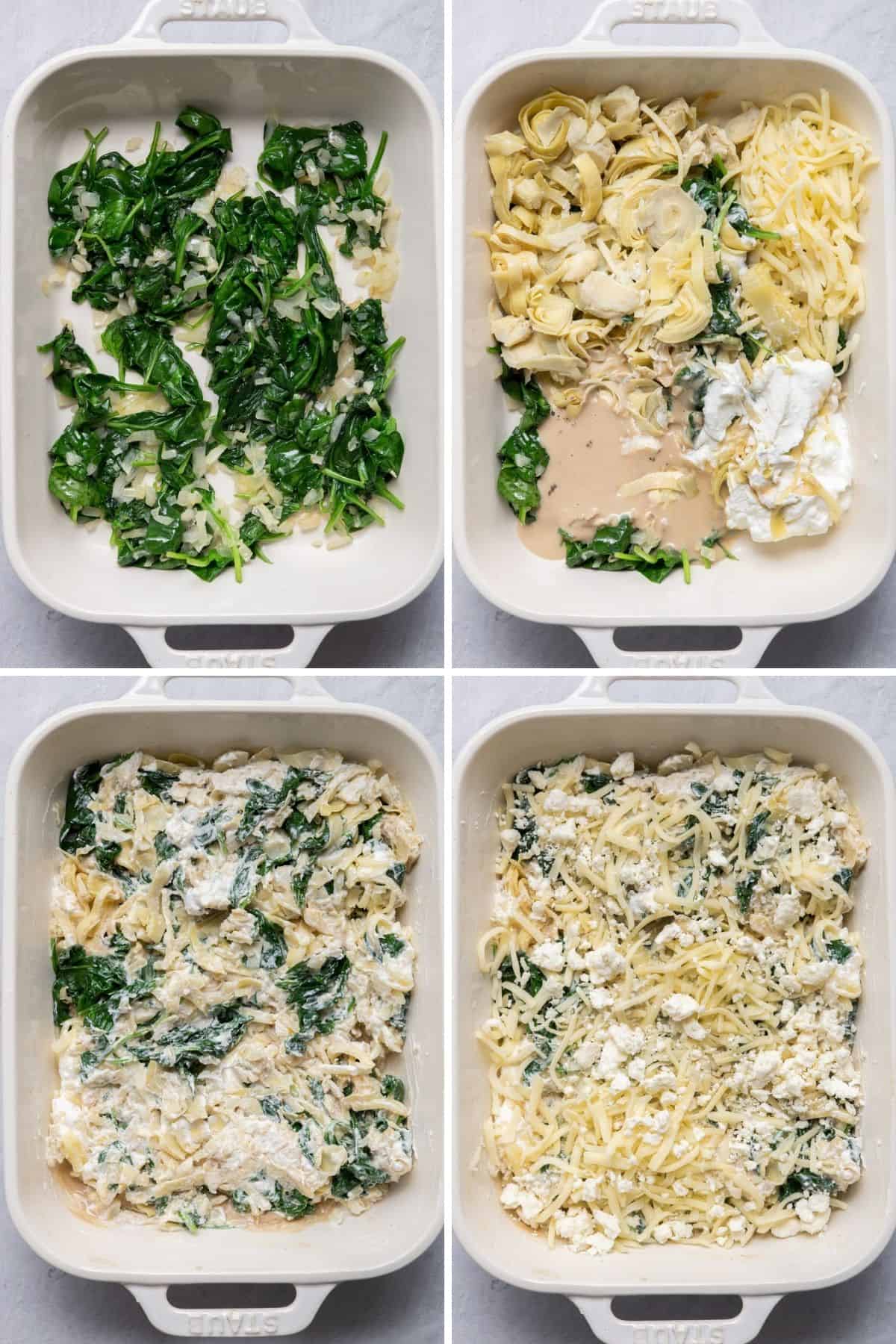 4 image collage to show how to assemble the dip