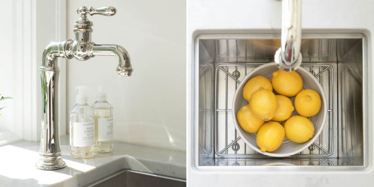 2 image collage showing the faucet and sink in butler's pantry
