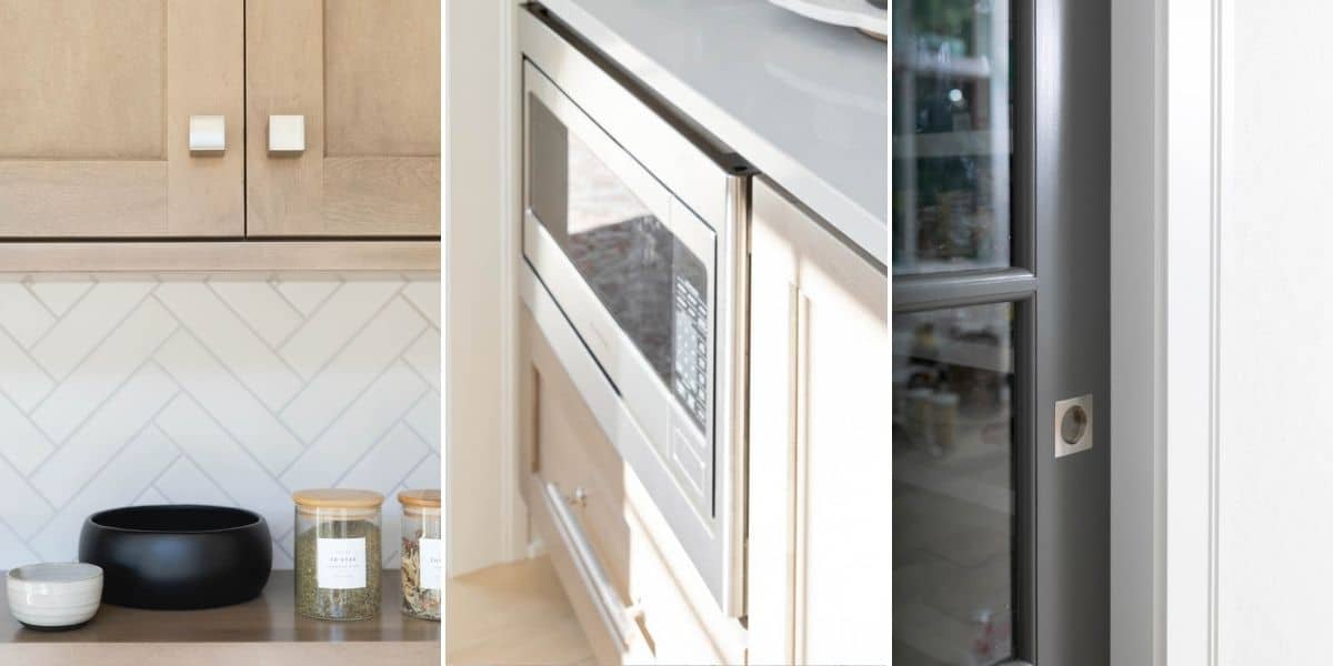 3 image collage to show the cabinet knobs, pulls and pocket door hardware