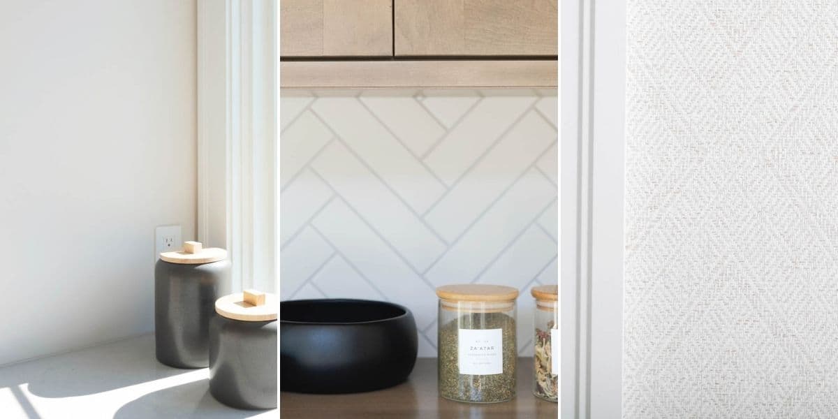 3 image collage of the wall color, backsplash and wallpaper