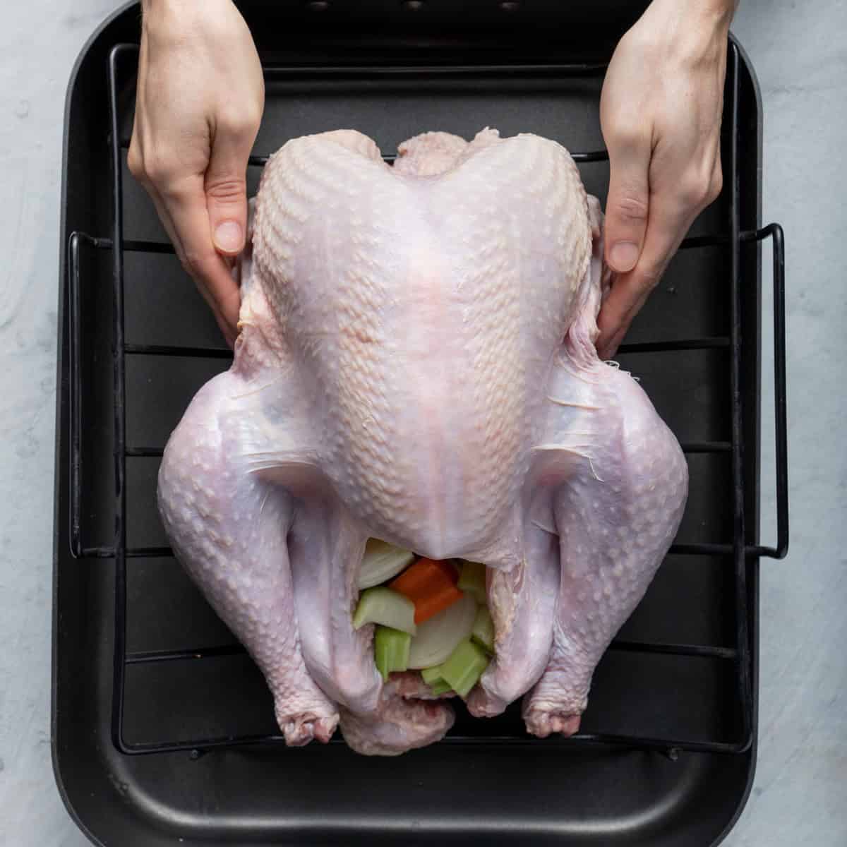 Tuck wing tips under the turkey.