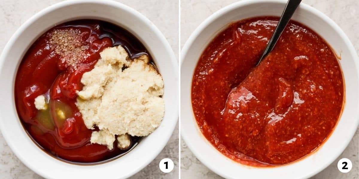 2 image collage to show how to make the shrimp cocktail sauce