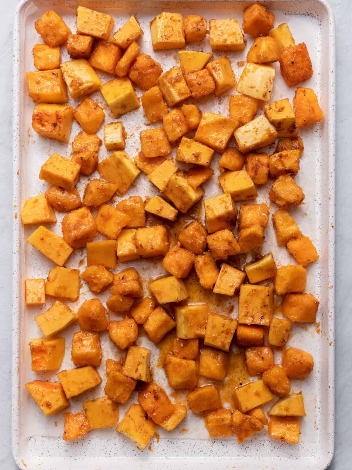 Seasoned butternut squash after baking.