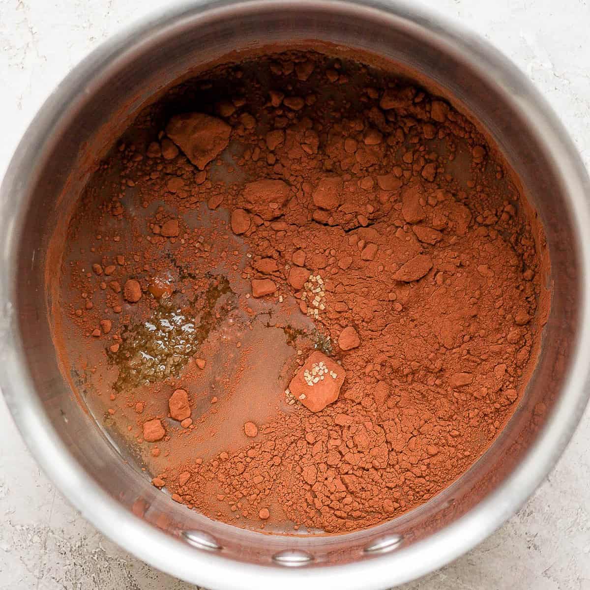 Small saucepan with water, cocoa powder and sugar.