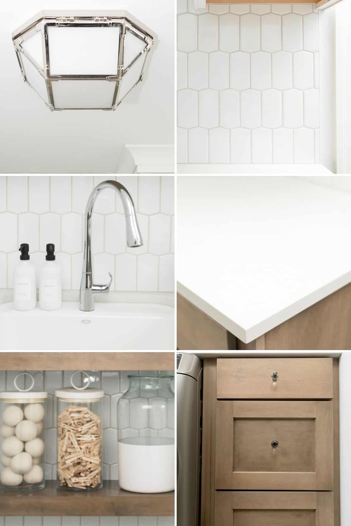 6 image collage of the laundry room