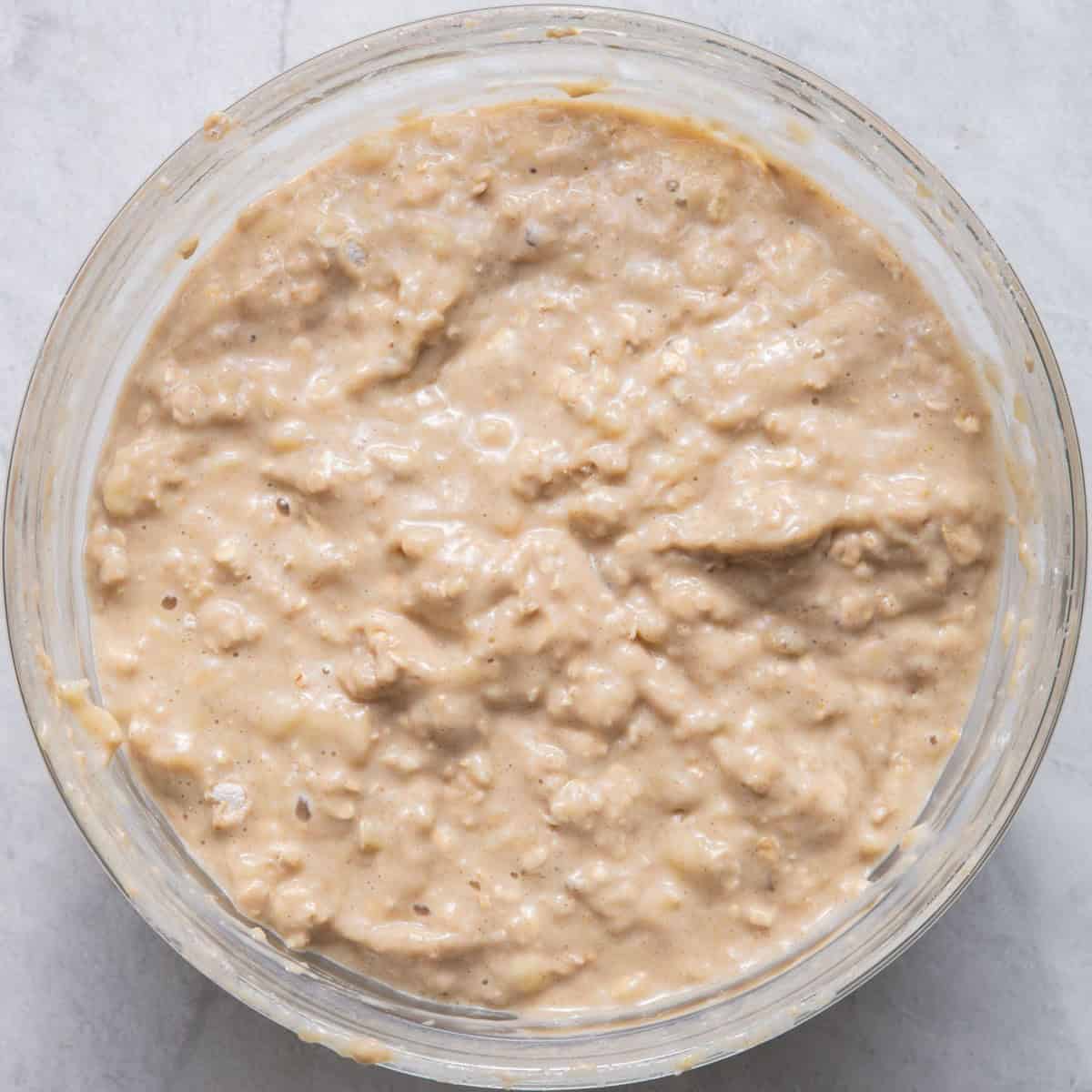 Dry ingredients folded into wet ingredients.