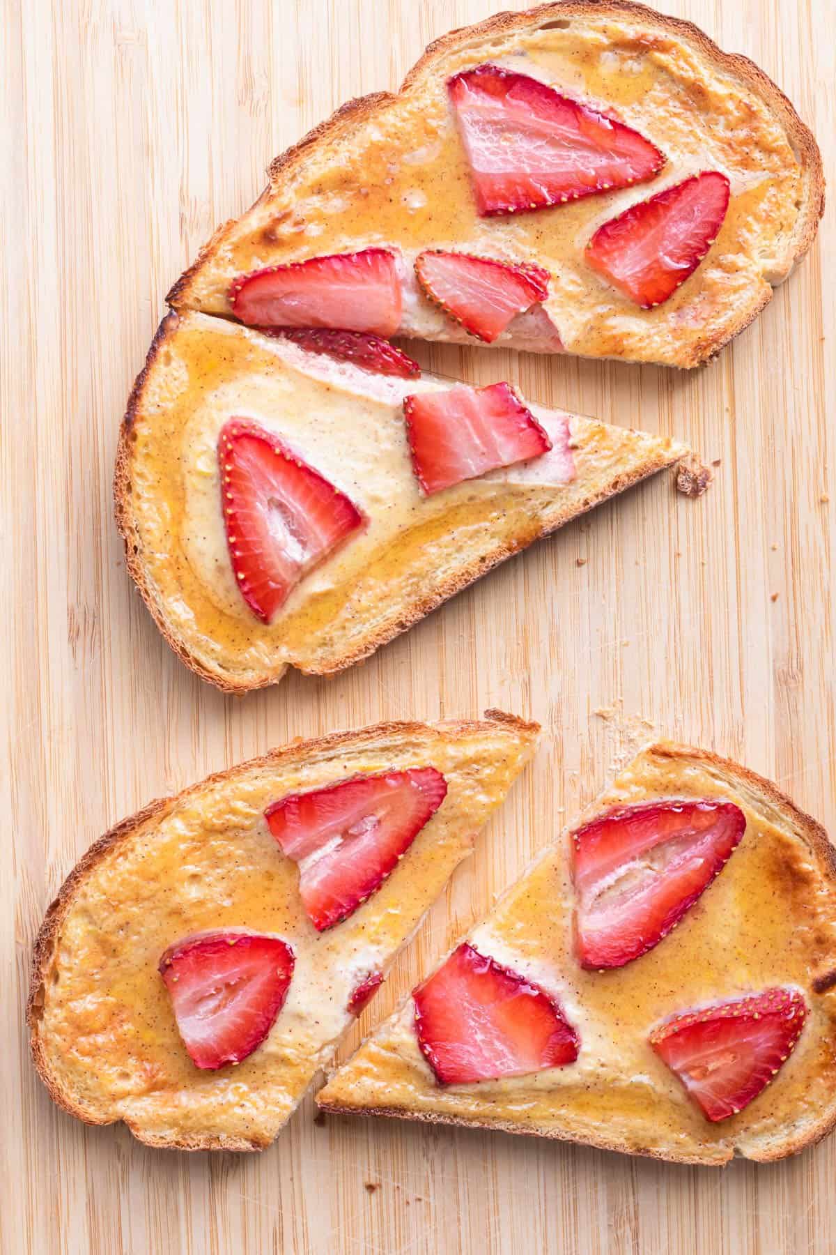 2 yogurt toasts sliced in half on cutting board