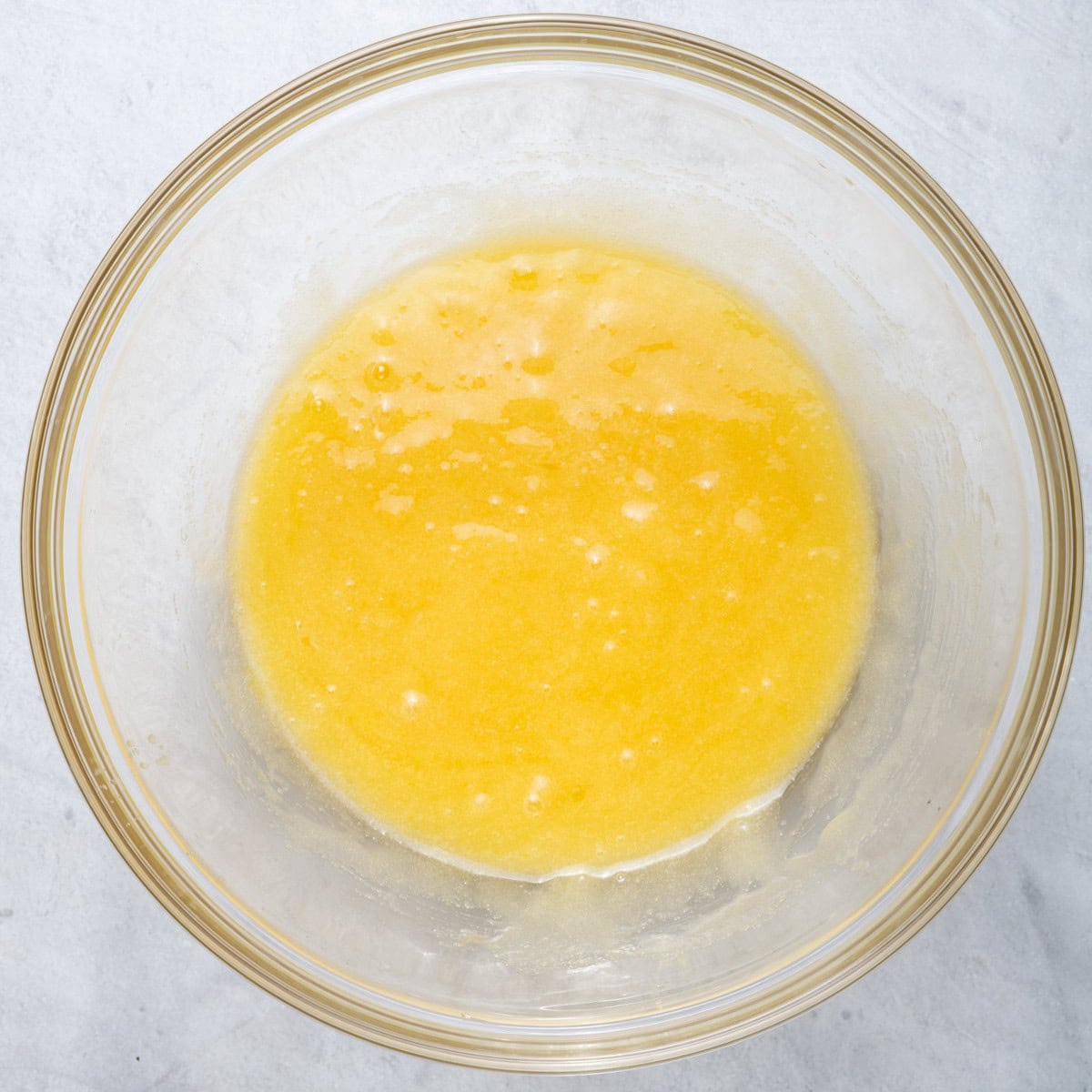 Eggs and vanilla beat in.