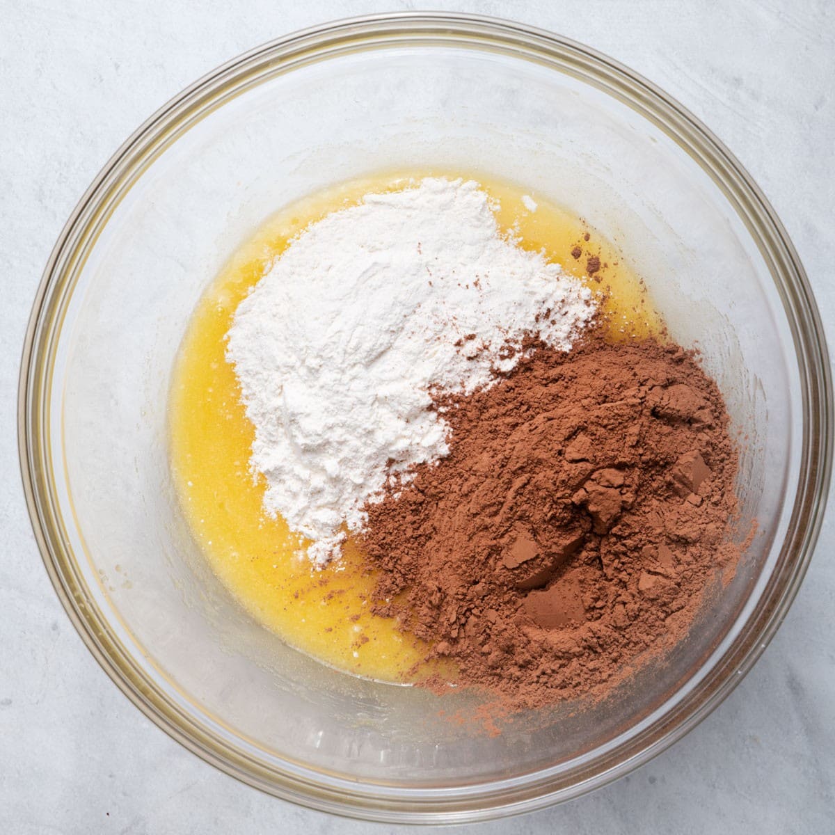Cocoa powder, flour and salt added in.