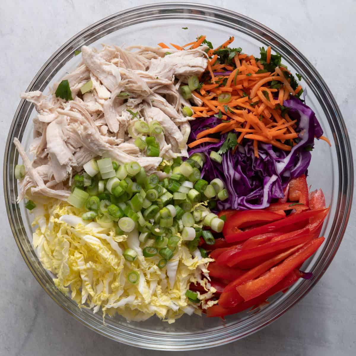 Salad ingredients added to large wide bowl to show all the elements.