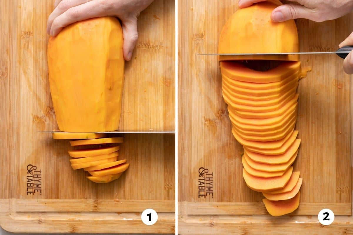 2 image collage with thin slices of fruit on cutting board
