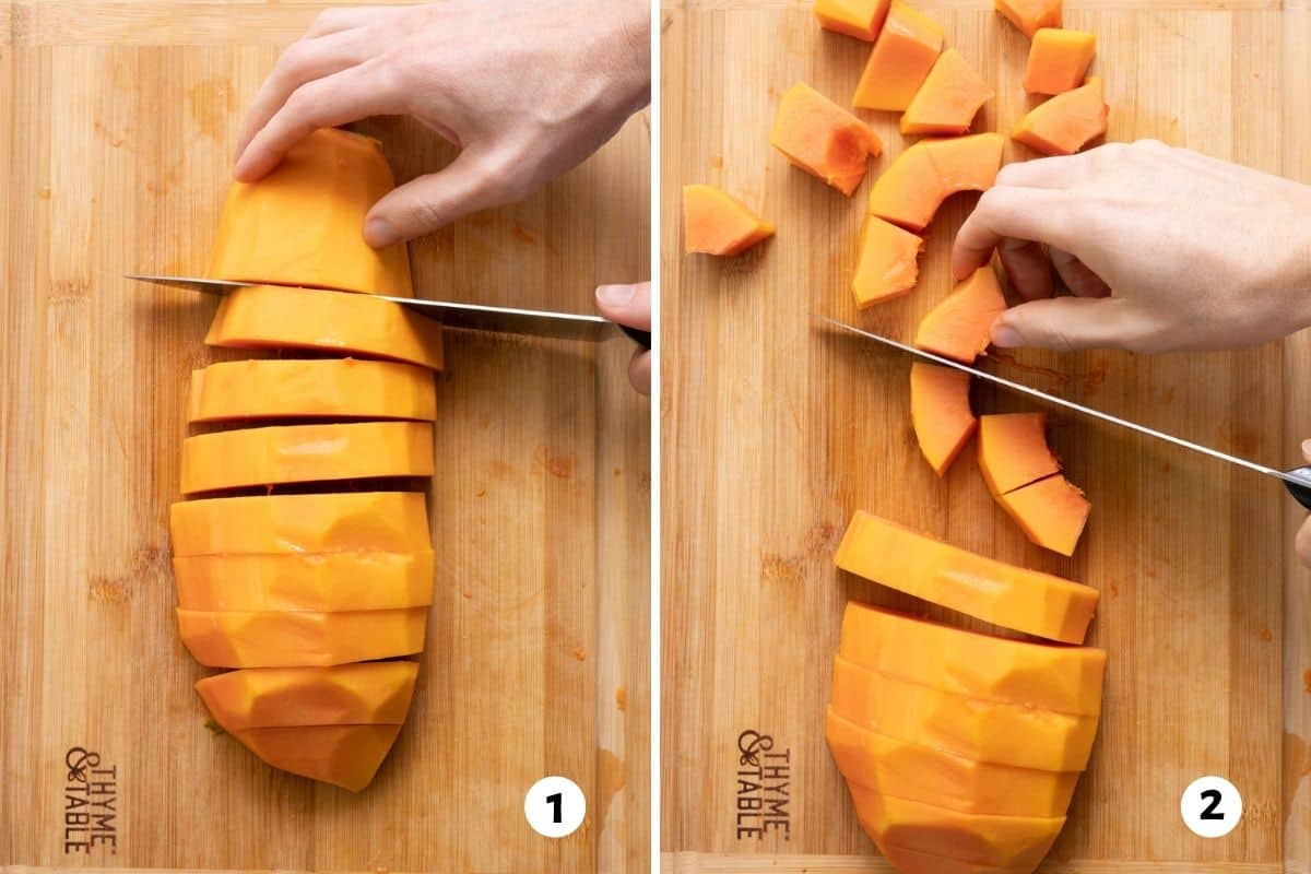 2 image collage showing how to cut papaya into chunks