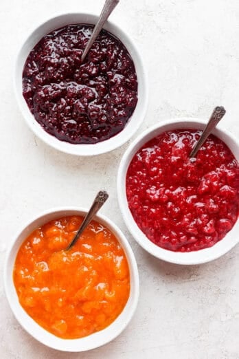 3 bowls of different homemade jams.