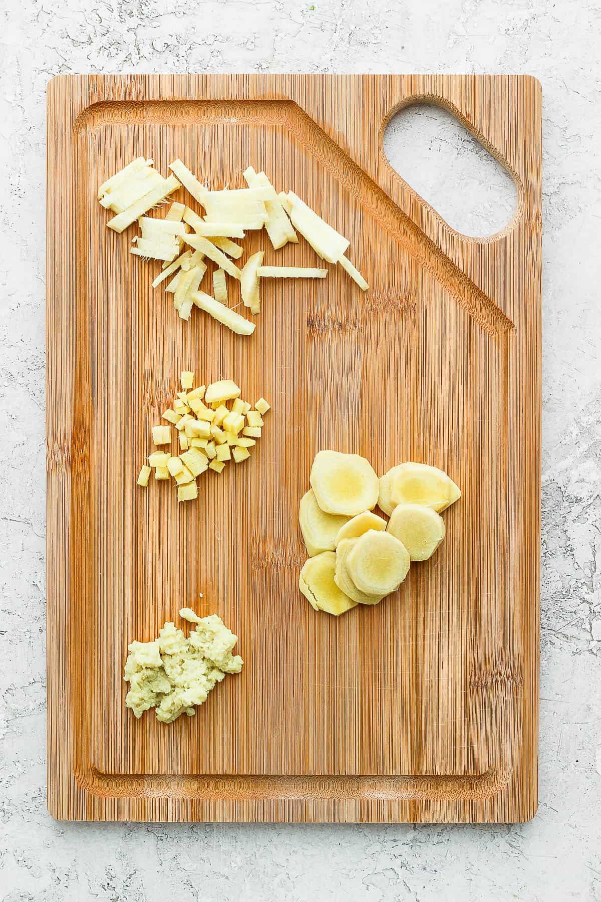 Overhead shot of different cuts of ginger.