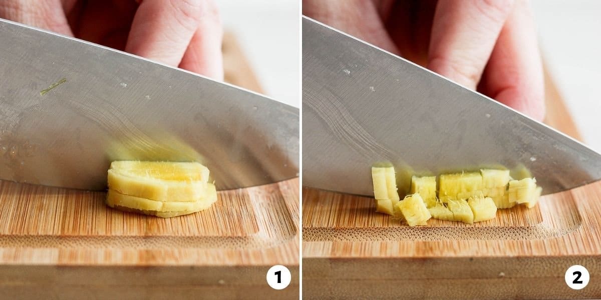2 image collage of how to mince ginger.