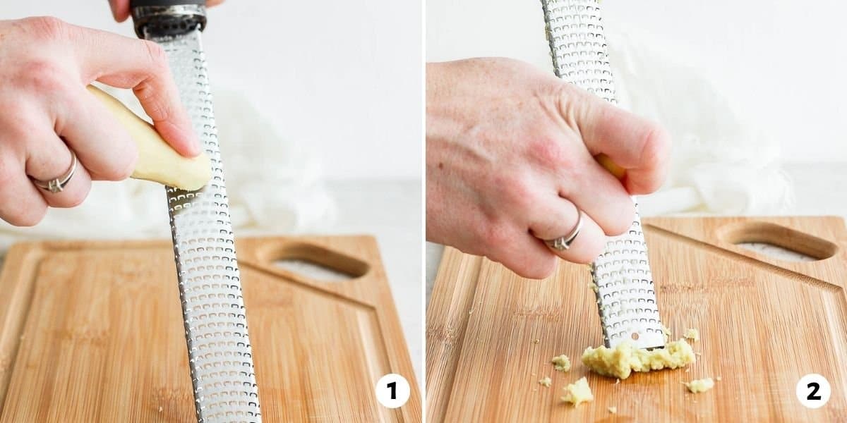 2 image collage using a microplane to make paste from ginger.