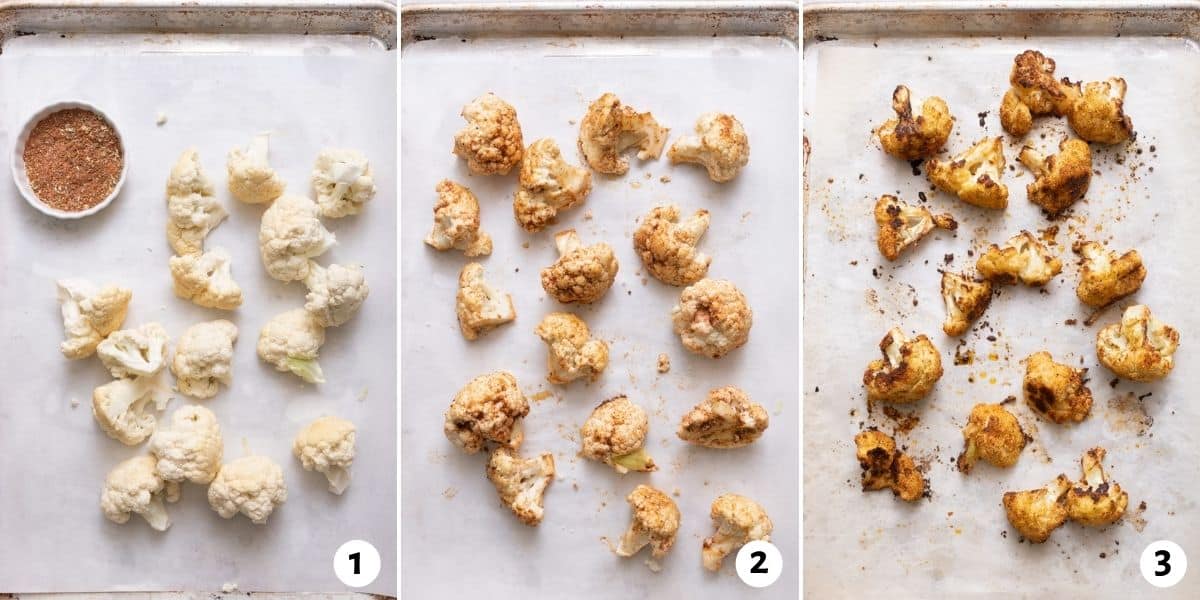 3 image collage roasting cauliflower on sheet pan with seasoning.