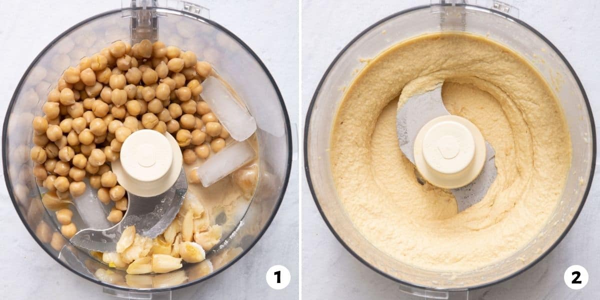 2 image collage of ingredients in blender before and after blending.
