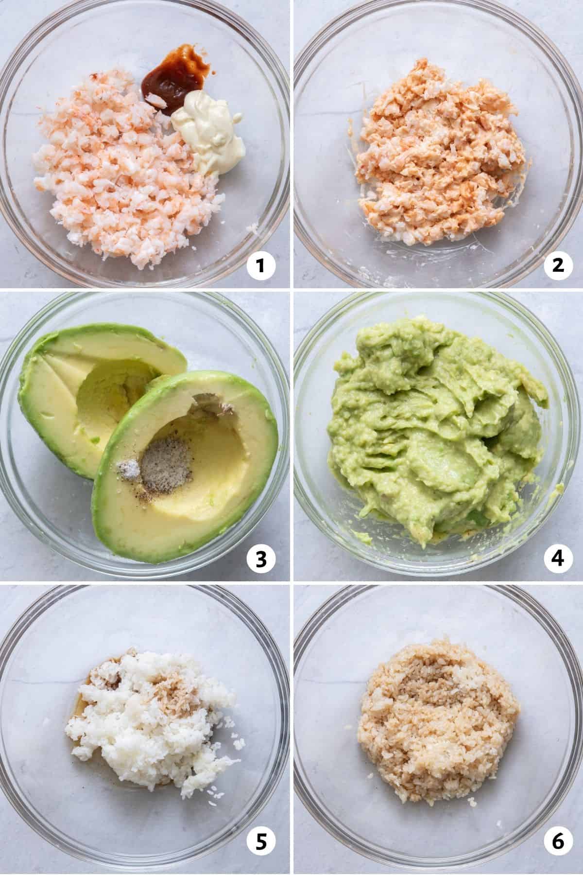 6 image collage to show how to mix the shrimp with the sauce, mash the avocado and mix the rice with the sauce.