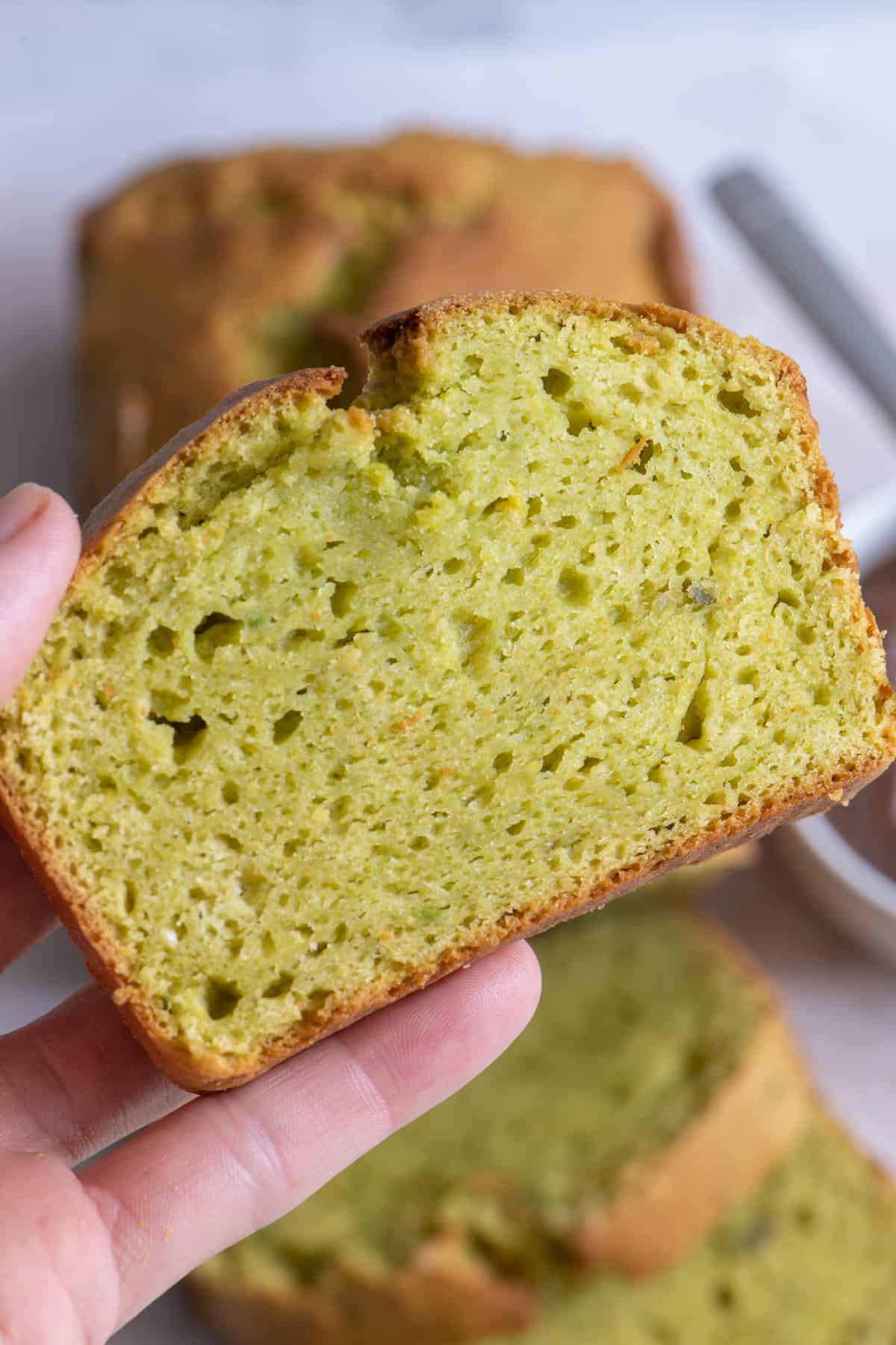 Close up showing the texture of a slice of bread from baked loaf.