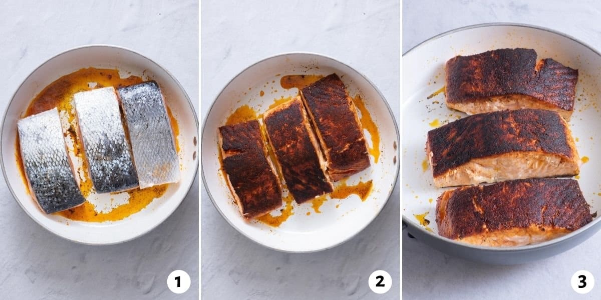 3 image collage of salmon on skillet skin side up, then slipped to show the seasoning on salmon, and also a side shot to show texture of blackened salmon filets.