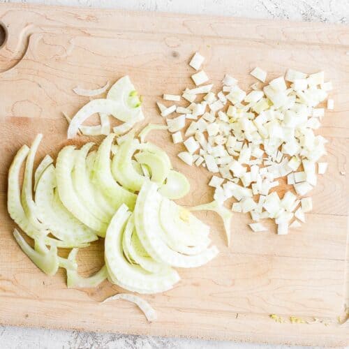 Cut fennel on cutting board - slices and dices.